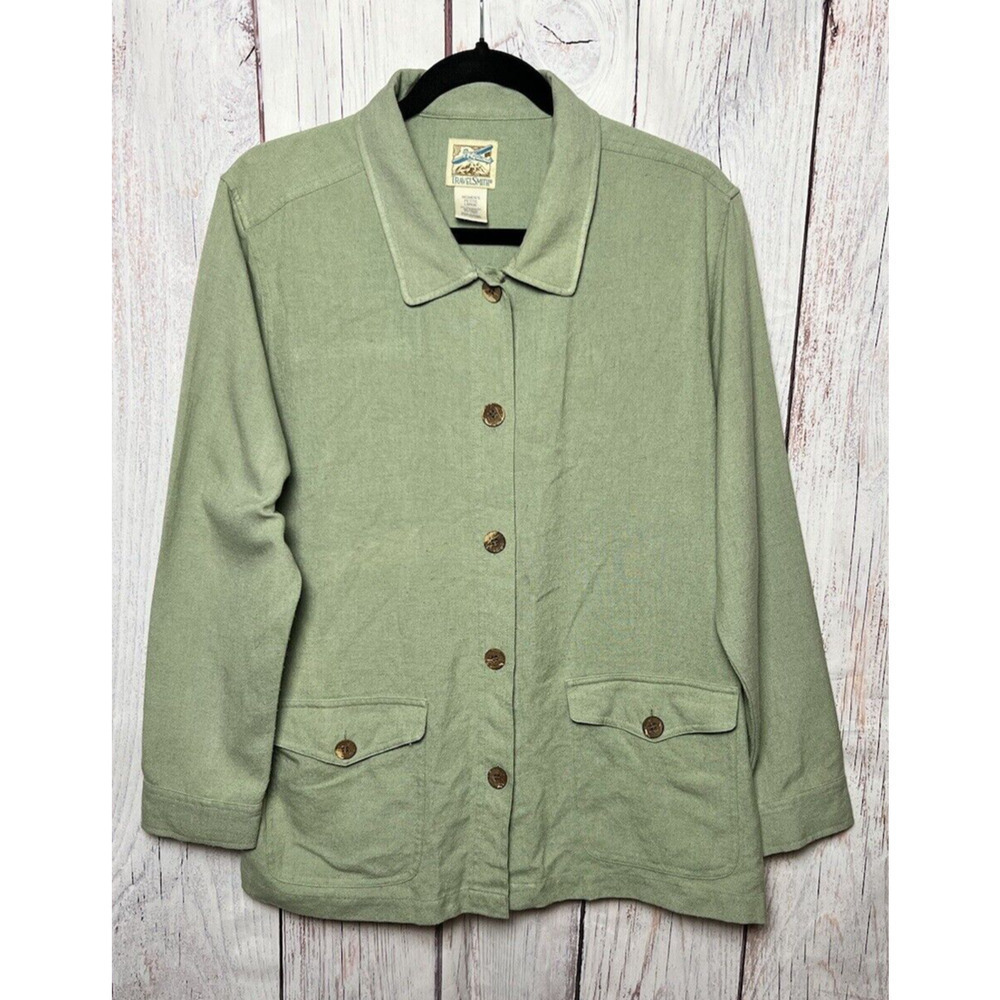 Travelsmith Women’s Lightweight Blouse Adjustable Waist Linen Blend Green PL